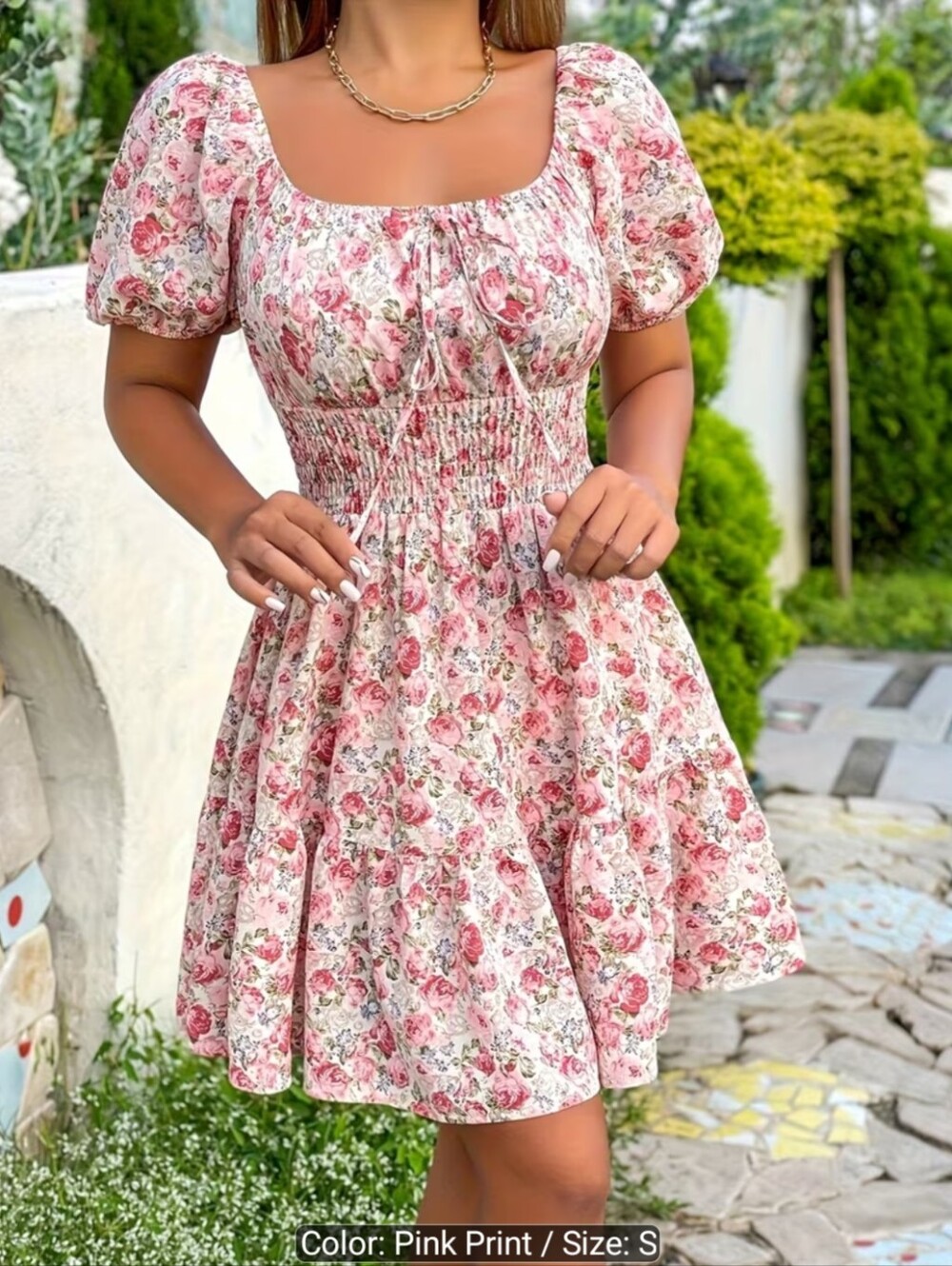 Women's Summer Dresses Square Neck Short Sleeve Waisted Elegant Dresses - Picture 6 of 6